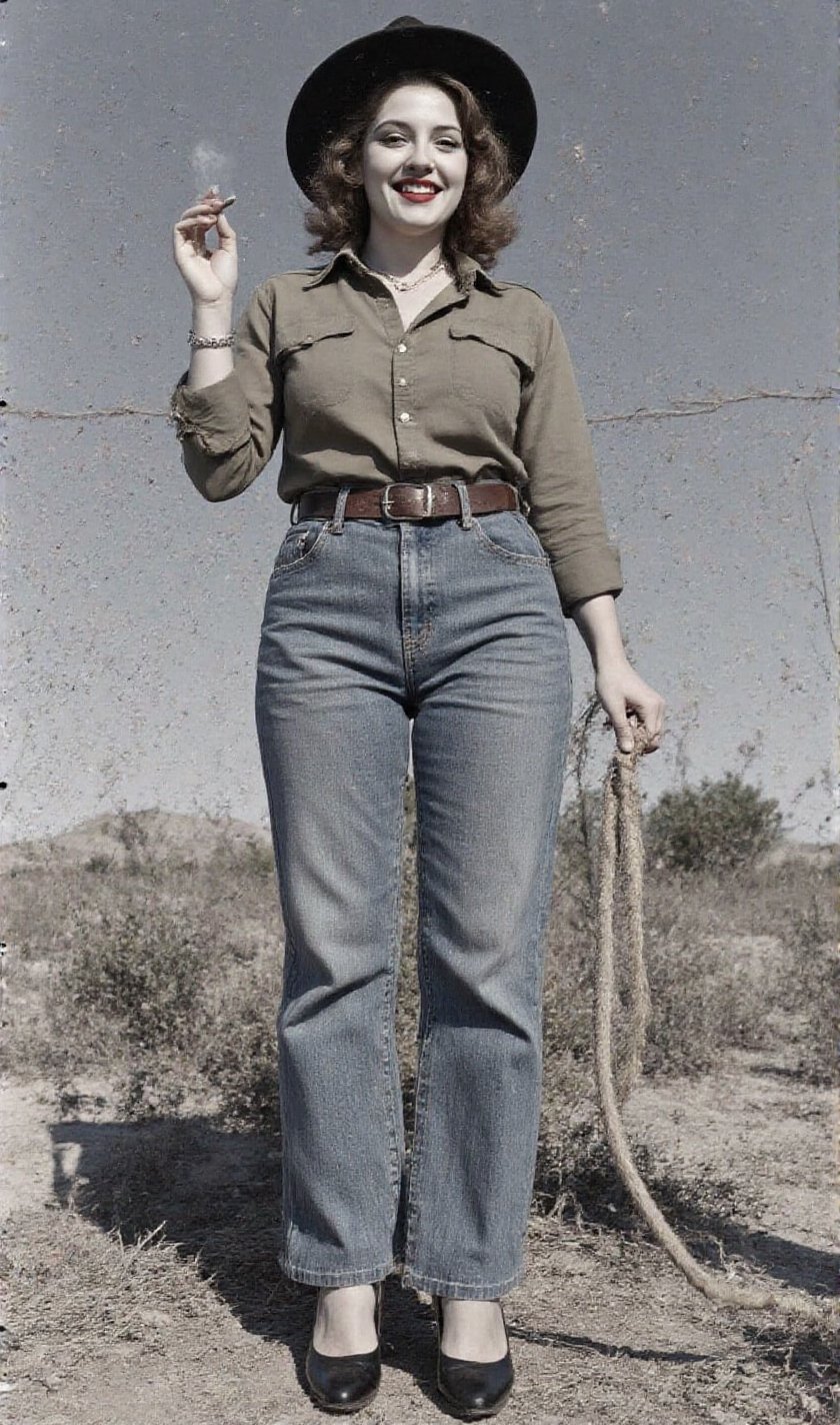 "An image from a silent movie. A lone ranger style lady in his early 30s. two White curvy glamour screaming ladies,  delic...