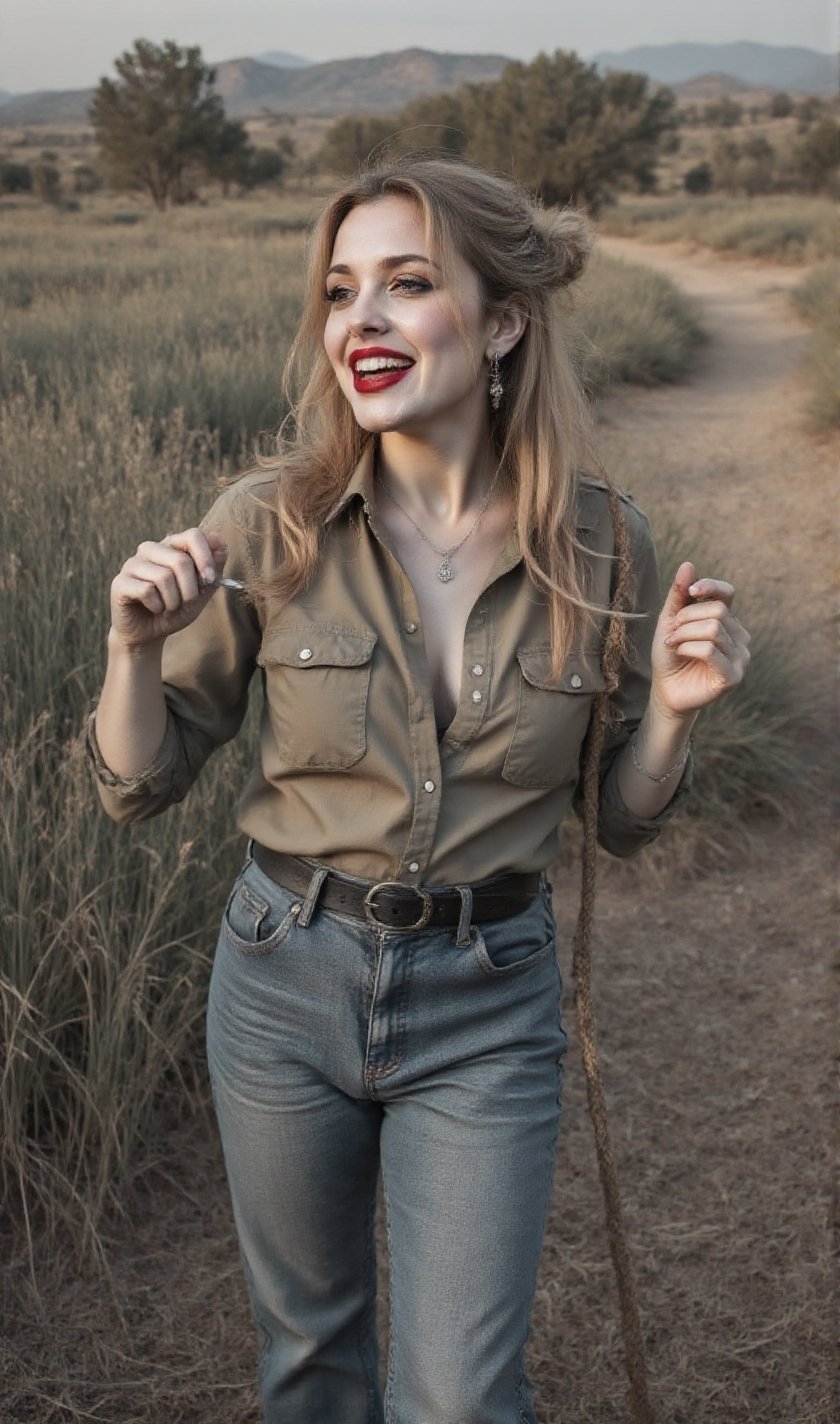 "An image from a silent movie. A lone ranger style lady in his early 30s. two White curvy glamour screaming ladies,  delic...