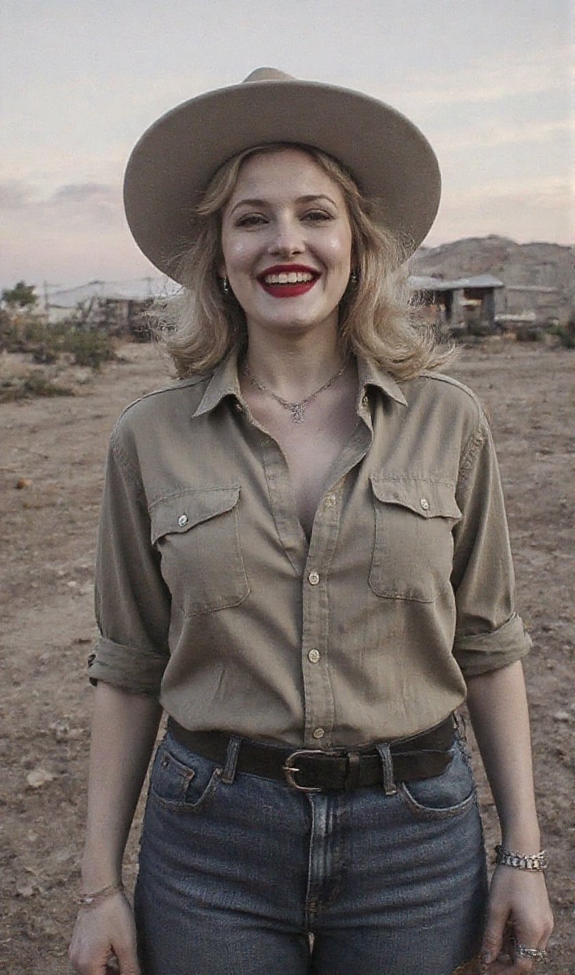 "An image from a silent movie. A lone ranger style lady in his early 30s. two White curvy glamour screaming ladies,  delic...