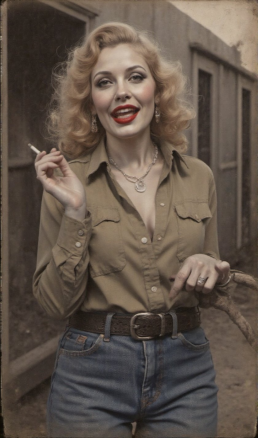 "An image from a silent movie. A lone ranger style lady in his early 30s. two White curvy glamour screaming ladies,  delic...