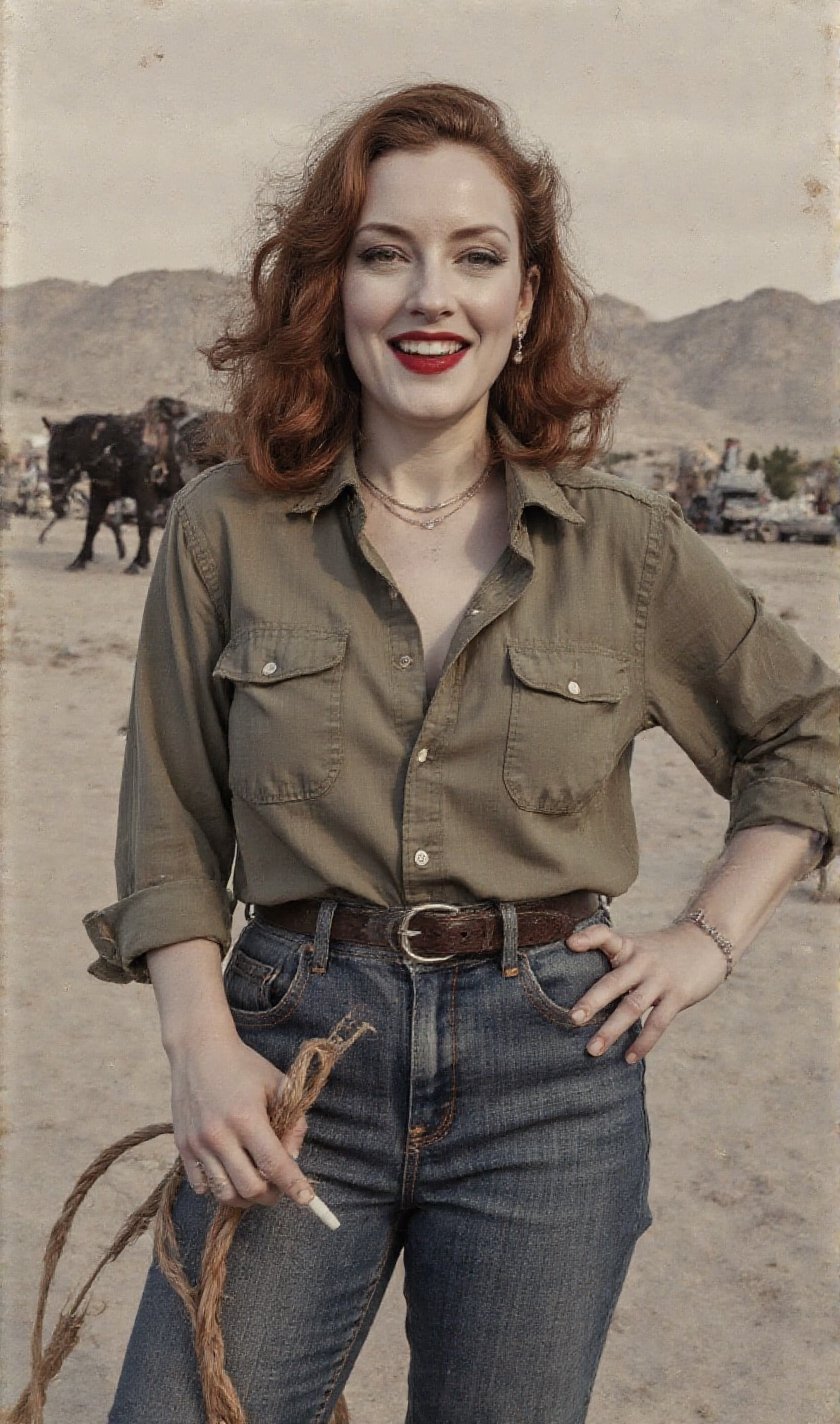 "An image from a silent movie. A lone ranger style lady in his early 30s. two White curvy glamour screaming ladies,  delic...
