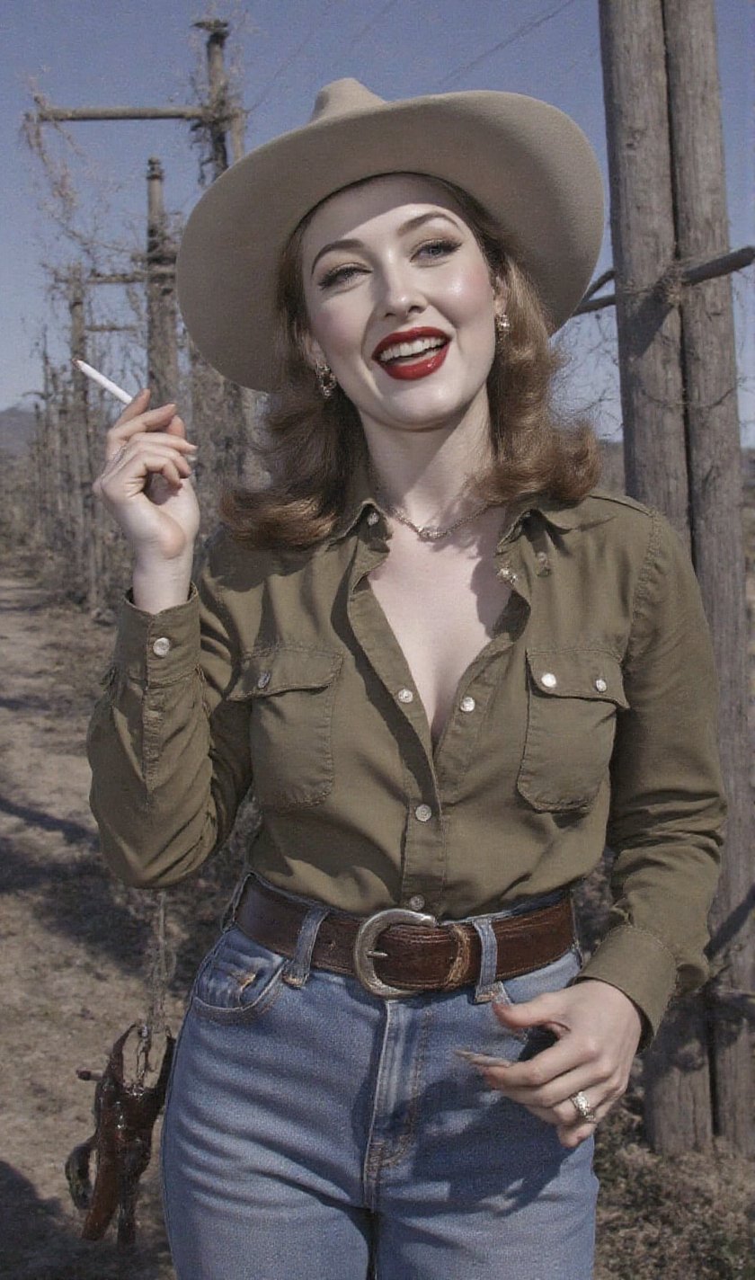 "An image from a silent movie. A lone ranger style lady in his early 30s. two White curvy glamour screaming ladies,  delic...