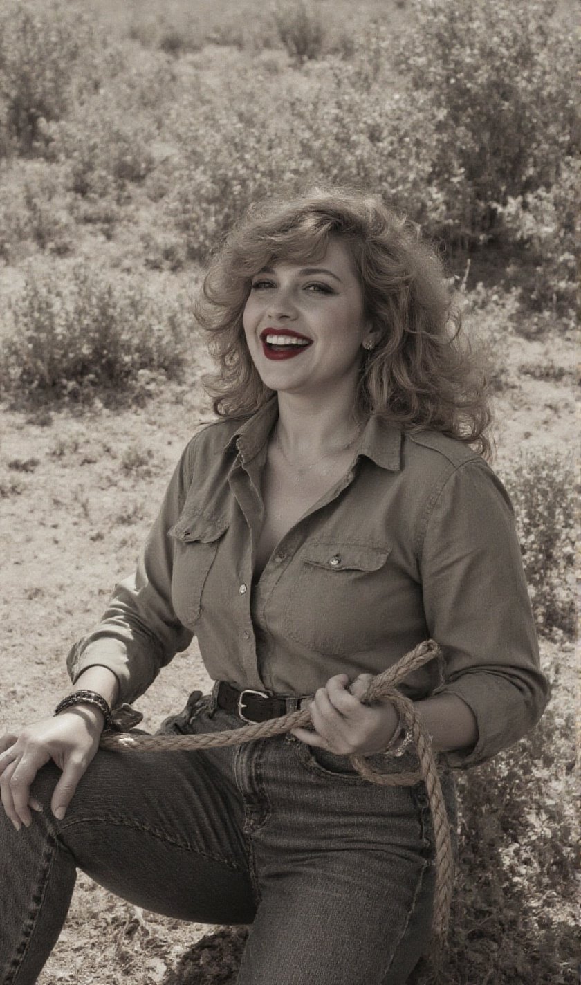 "An image from a silent movie. A lone ranger style lady in his early 30s. two White curvy glamour screaming ladies,  delic...