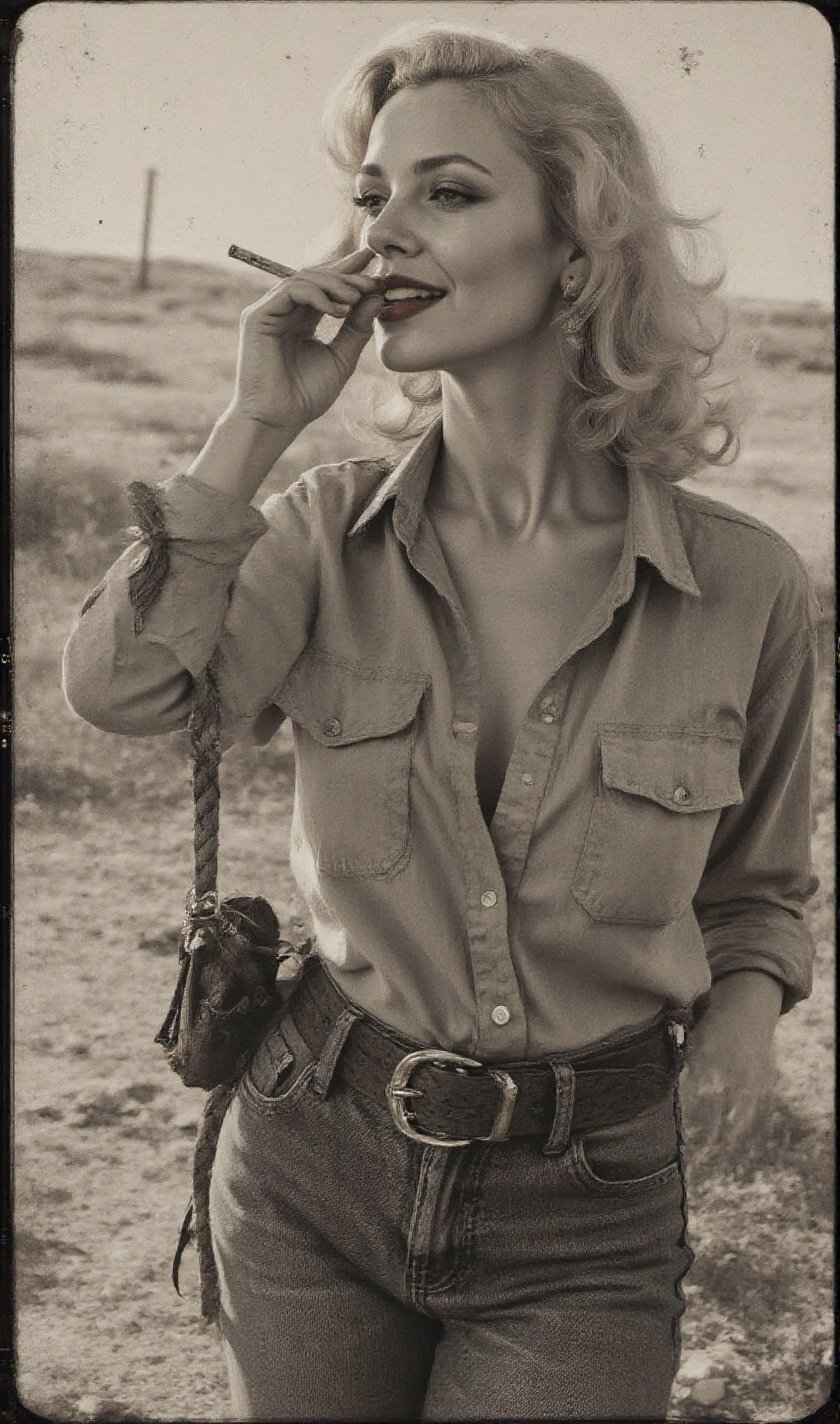 "An image from a silent movie. A lone ranger style lady in his early 30s. two White curvy glamour screaming ladies,  delic...
