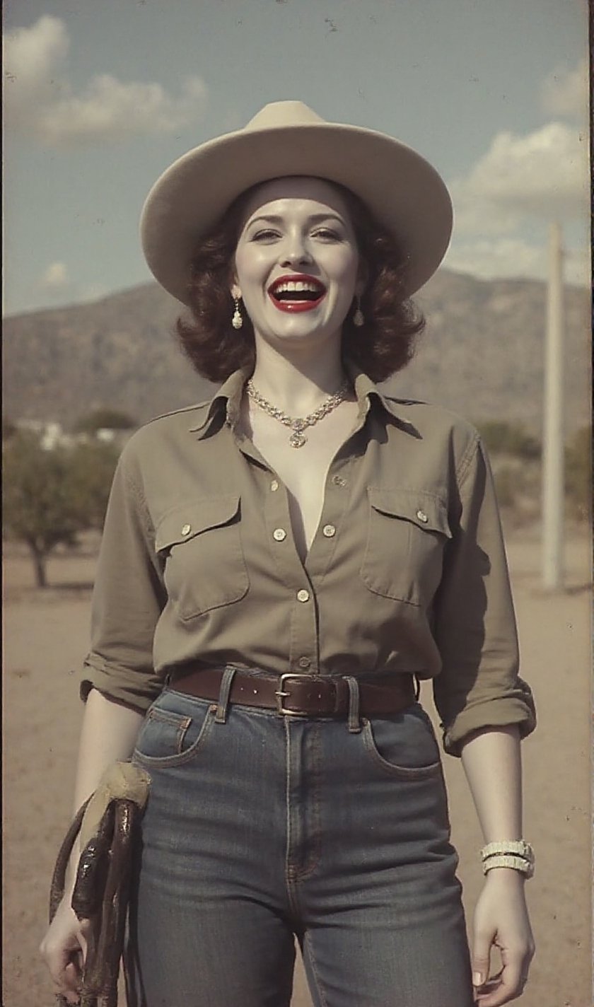 "An image from a silent movie. A lone ranger style lady in his early 30s. two White curvy glamour screaming ladies,  delic...