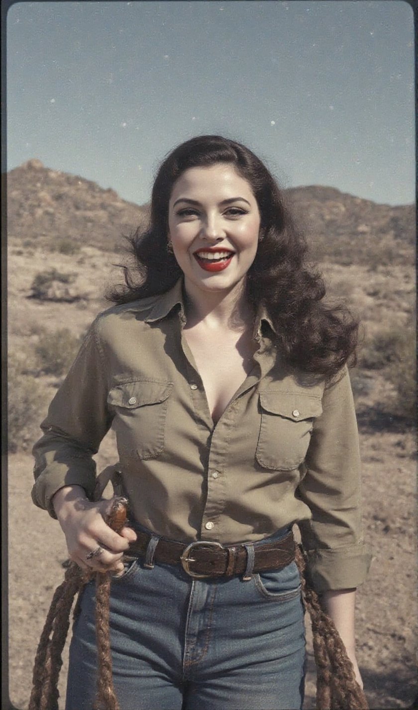 "An image from a silent movie. A lone ranger style lady in his early 30s. two White curvy glamour screaming ladies,  delic...