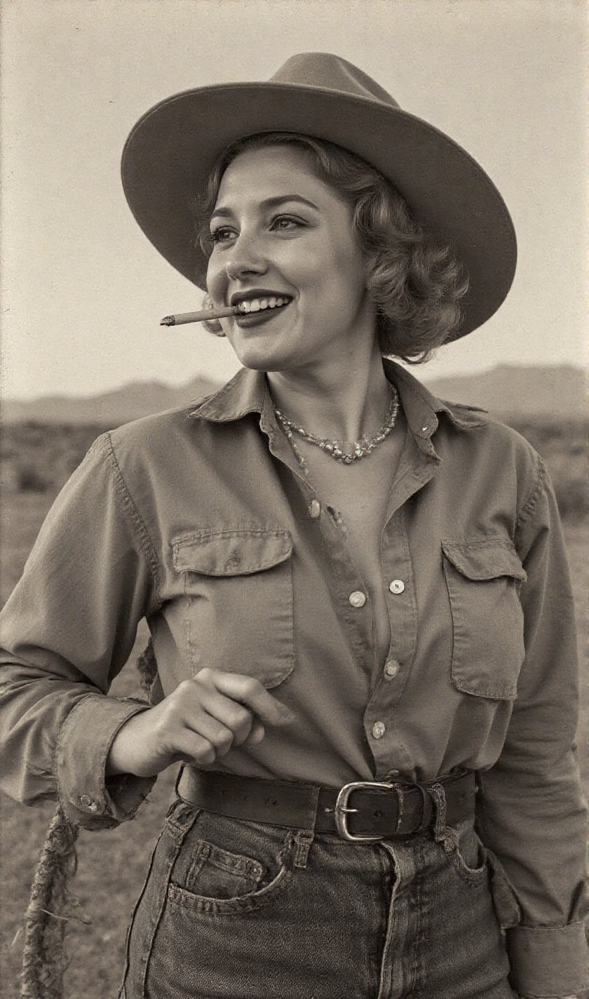 "An image from a silent movie. A lone ranger style lady in his early 30s. two White curvy glamour screaming ladies,  delic...