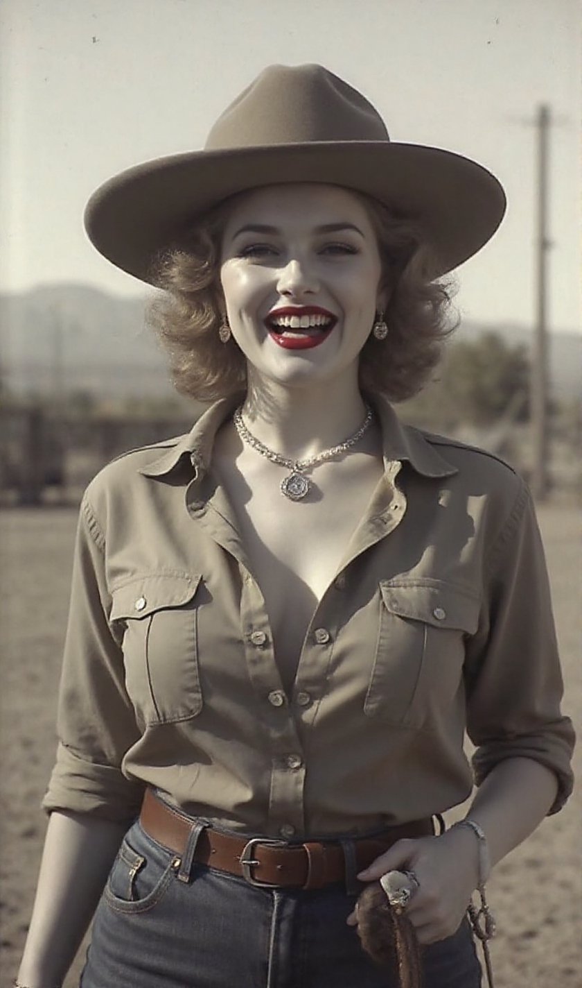 "An image from a silent movie. A lone ranger style lady in his early 30s. two White curvy glamour screaming ladies,  delic...