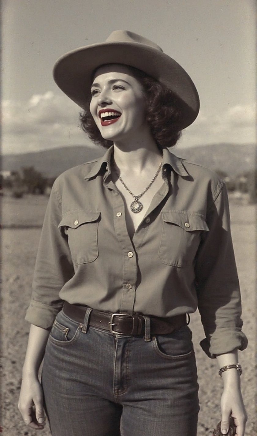 "An image from a silent movie. A lone ranger style lady in his early 30s. two White curvy glamour screaming ladies,  delic...