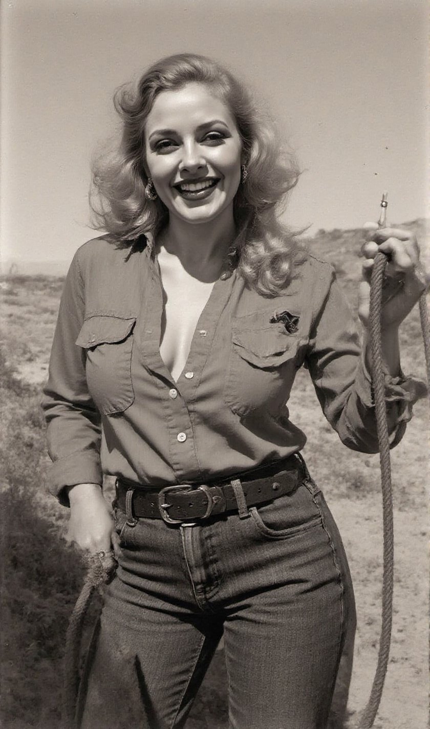 "An image from a silent movie. A lone ranger style lady in his early 30s. two White curvy glamour screaming ladies,  delic...