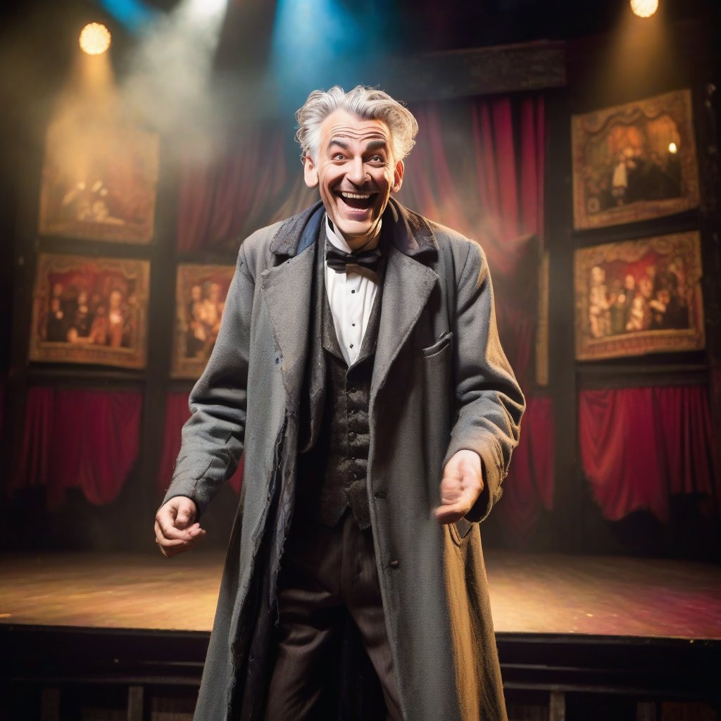 crazy illusionist on stage,  old man with messy grey hair,  vintage worn-out overcoat by Vidor on Tensor.Art