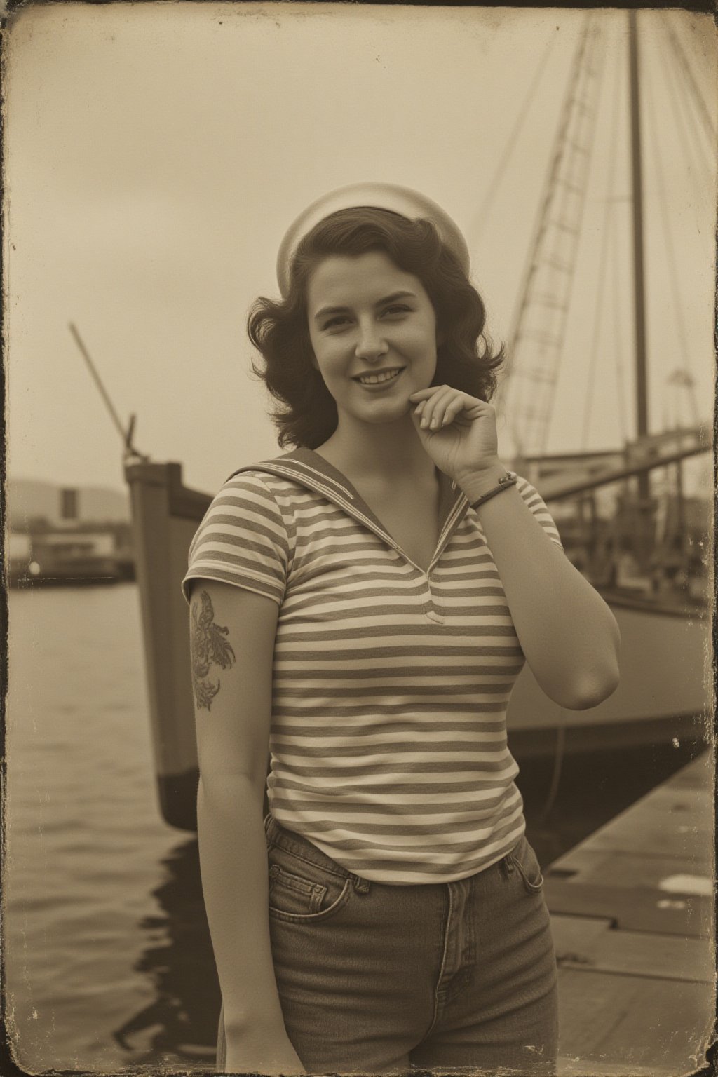 A portrait of Ernest Hemingway killing herself with a gun to her throat A sailor in his striped t-shirt and sailor cap,  t...