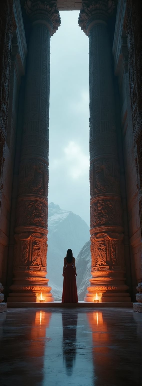 Captured at eye-level on a low-angle shot,  a woman is seen standing on a platform in front of two ancient pillars,  The p...