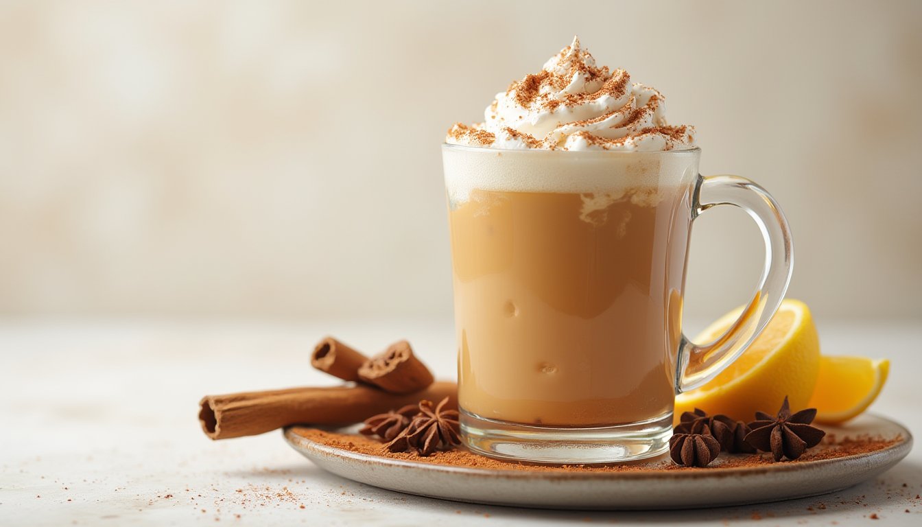 Image of hot buttered rum on a flat plate with spices against a light-toned background,  shifted to the right. The mug fea...