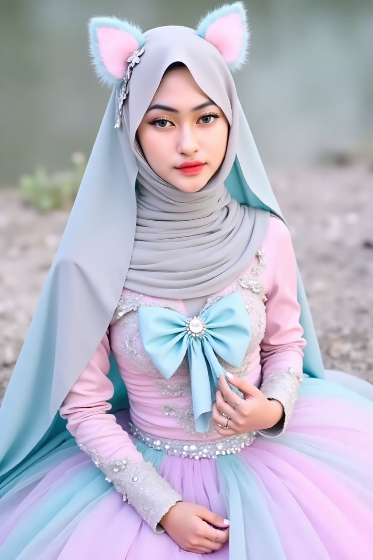 A young woman Felisa with long,  wavy soft-cyan hijab sits gracefully,  dressed in an elaborate by user_798650938490427662...