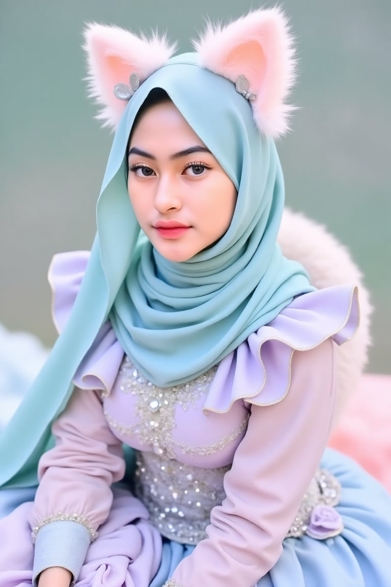 A young woman Felisa with long,  wavy soft-cyan hijab sits gracefully,  dressed in an elaborate by user_798650938490427662...