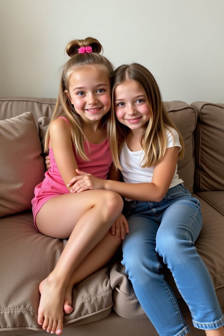 Two totally adorable preteen girls are posing on a sofa. Hugging by Tiny_figure  on Tensor.Art