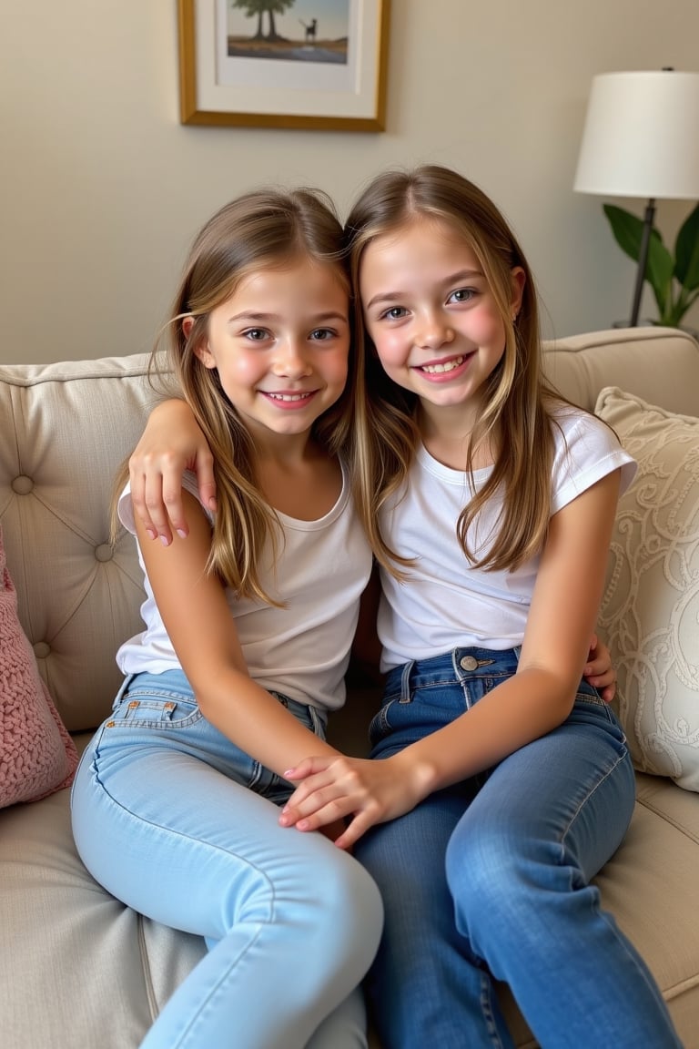 Two totally adorable preteen girls are posing on a sofa. Hugging by Tiny_figure  on Tensor.Art