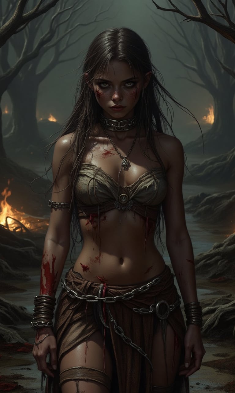 slave girl,  collar on her neck,  chains on her hands by BOT-OXY-BOT on Tensor.Art