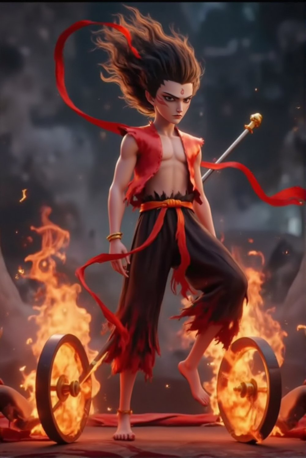 Pixar 3D animation style,  the devil boy Nezha ,  two fire wheels at his feet by simon on Tensor.Art