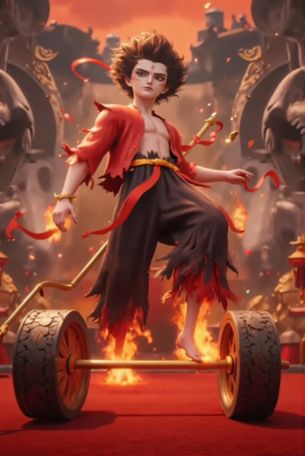 Pixar 3D animation style,  the devil boy Nezha ,  two fire wheels at his feet by simon on Tensor.Art
