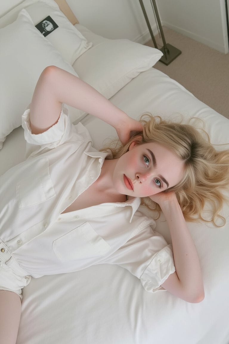 The image features a beautiful young woman lying on a bed,  wearing a white shirt and white shorts. She appears to be rela...