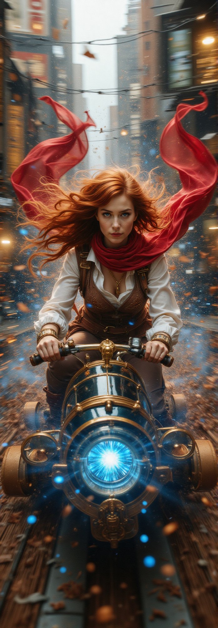 A vibrant young woman,  her fiery red scarf fluttering wildly as she drifts in high-speed pursuit of adventure. She's dres...