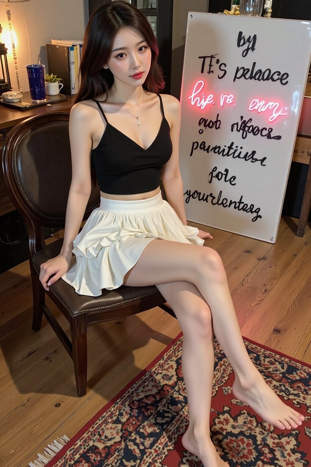 A beautiful Korean woman is sitting on a low chair in a vintage indoor space. This high-angle shot was taken with the came...