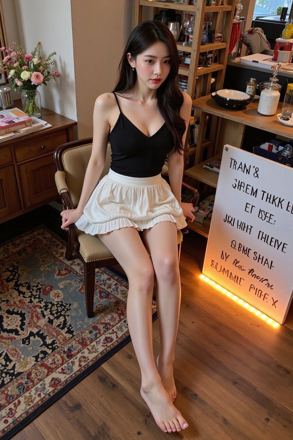 A beautiful Korean woman is sitting on a low chair in a vintage indoor space. This high-angle shot was taken with the came...