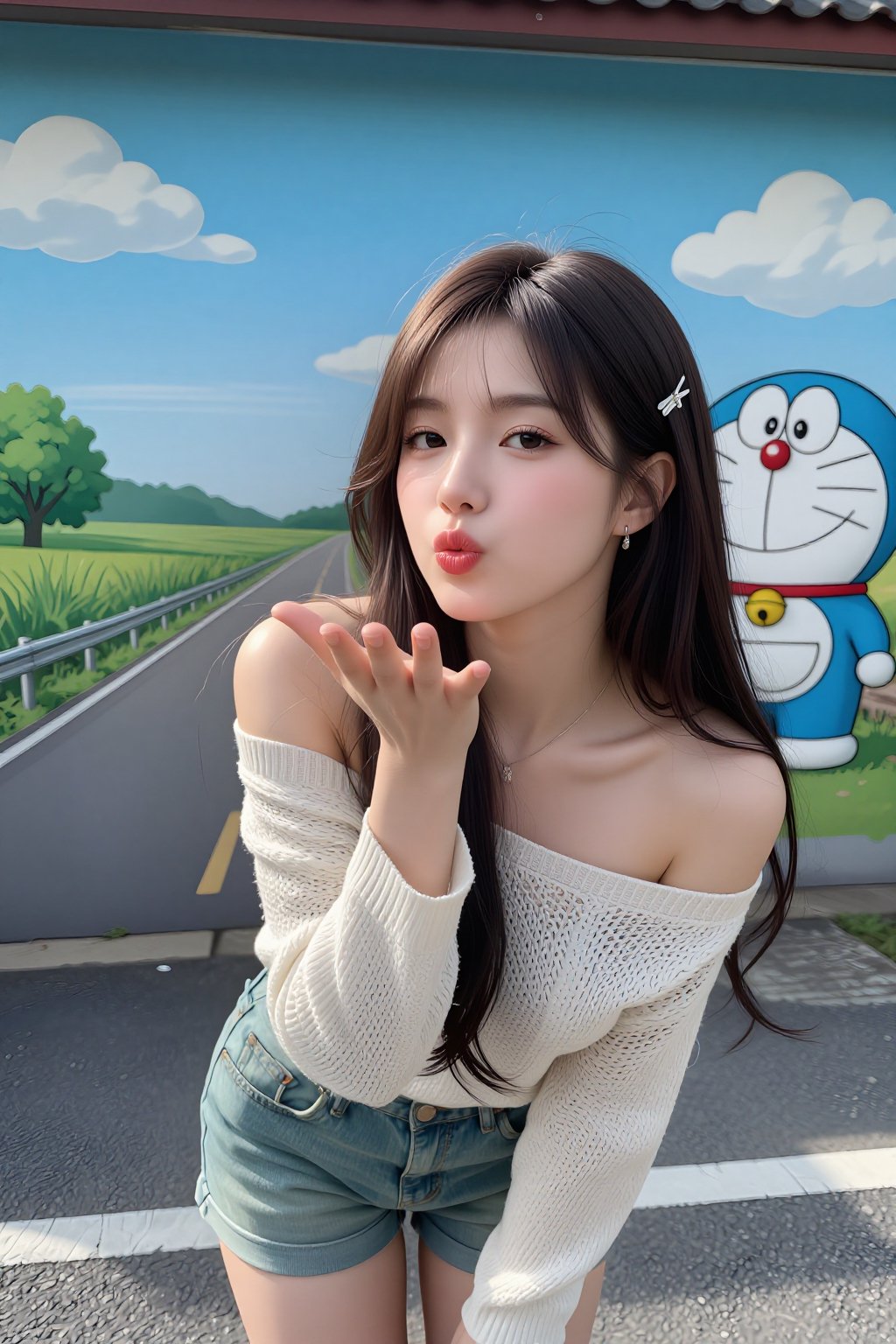 Beautiful and pretty young Korean woman with long hair with a hairpin and one ear is visible. A 25-year-old pretty influen...