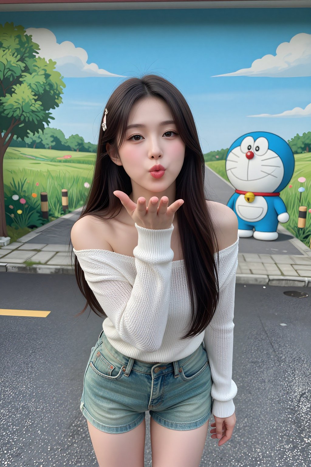 Beautiful and pretty young Korean woman with long hair with a hairpin and one ear is visible. A 25-year-old pretty influen...