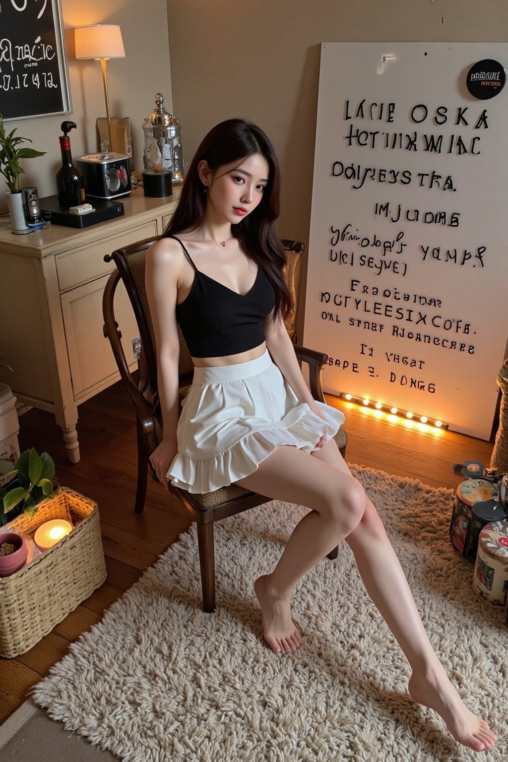 A beautiful Korean woman is sitting on a low chair in a vintage indoor space. This high-angle shot was taken with the came...