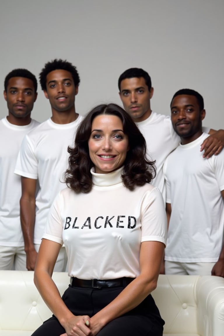 (((Karen Allen,  a stunning woman with an elegant presence,  sits on a white couch))). She wears a fitted turtleneck that...