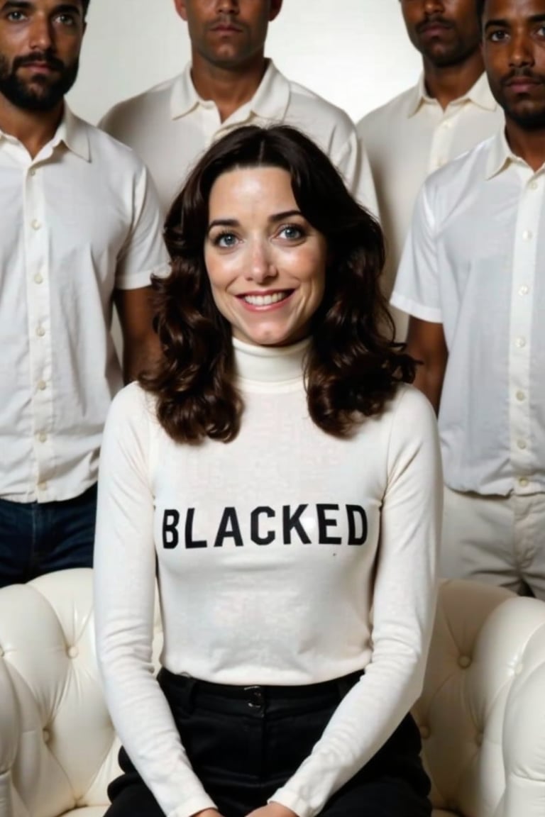 (((Karen Allen a beautiful woman,  sits on a white couch,  her posture elegant and confident))).She wears a fitted turtlen...