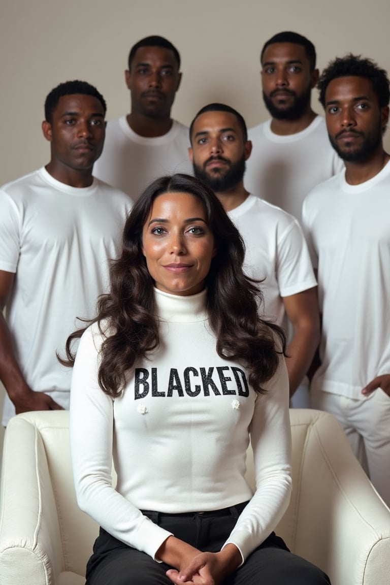 (((Karen Allen,  a stunning woman with an elegant presence,  sits on a white couch))). She wears a fitted turtleneck that...