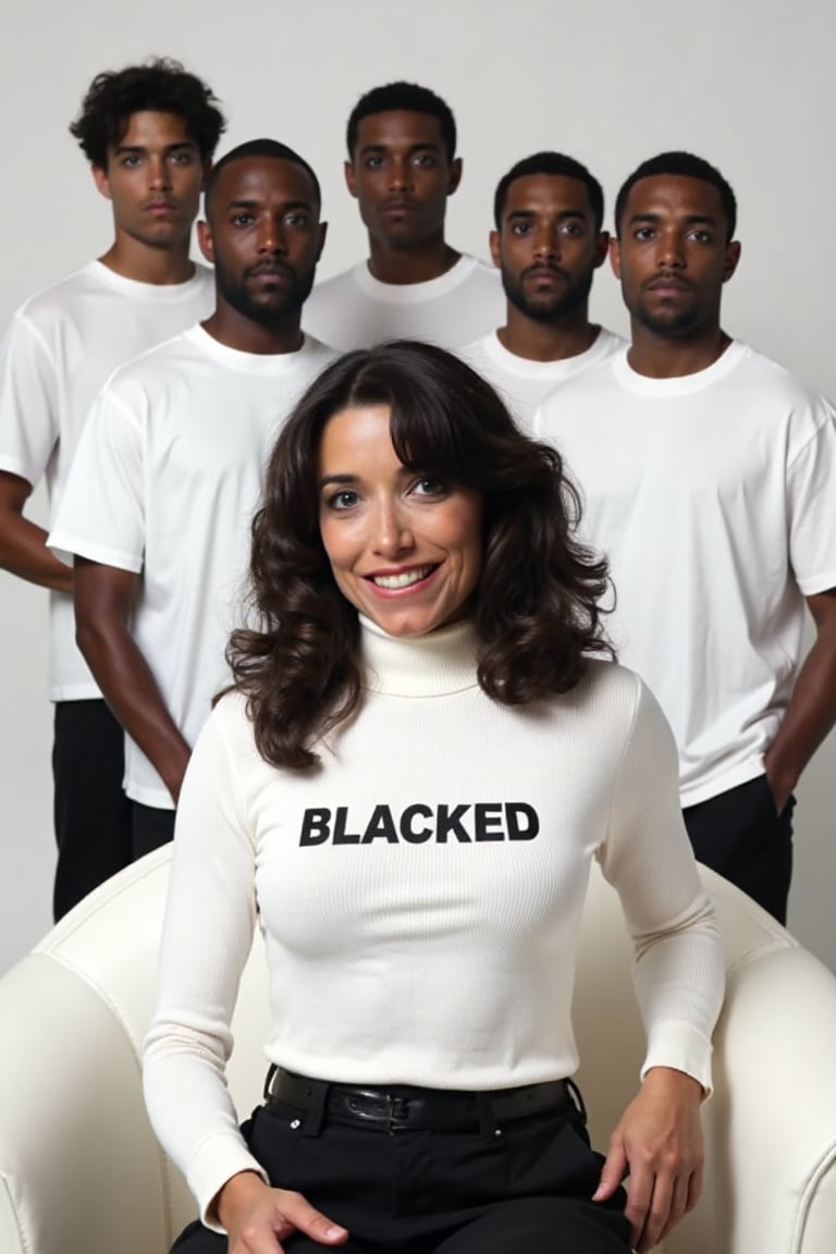 (((Karen Allen,  a stunning woman with an elegant presence,  sits on a white couch))). She wears a fitted turtleneck that...