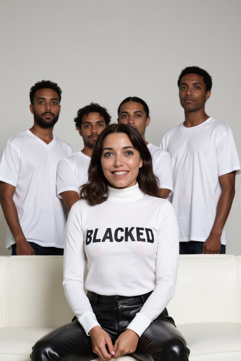 (((Karen Allen,  a stunning woman with an elegant presence,  sits on a white couch))). She wears a fitted turtleneck that...