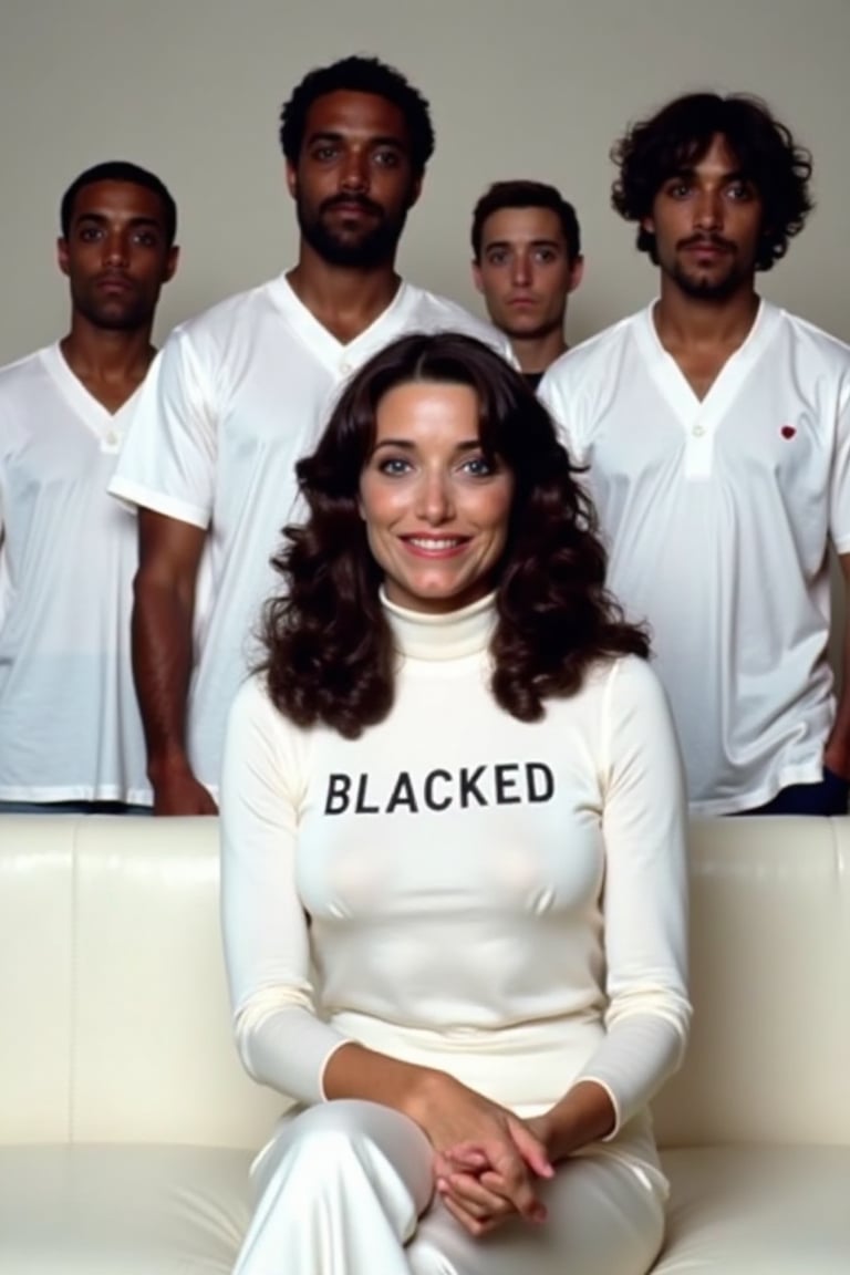(((Karen Allen,  a stunning woman with an elegant presence,  sits on a white couch))). She wears a fitted turtleneck that...