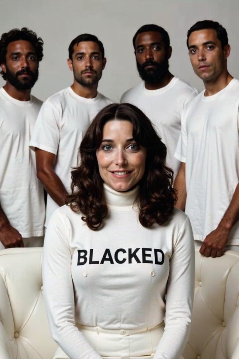 (((Karen Allen,  a stunning woman with an elegant presence,  sits on a white couch))). She wears a fitted turtleneck that...