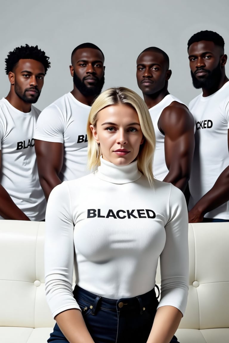 (((Vera Dijkmans a white BLONDE woman,  a stunning woman with an elegant presence,  sits on a white couch))). She wears a...