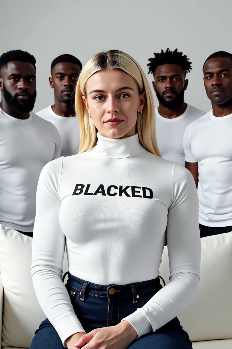 (((Vera Dijkmans a white BLONDE woman,  a stunning woman with an elegant presence,  sits on a white couch))). She wears a...