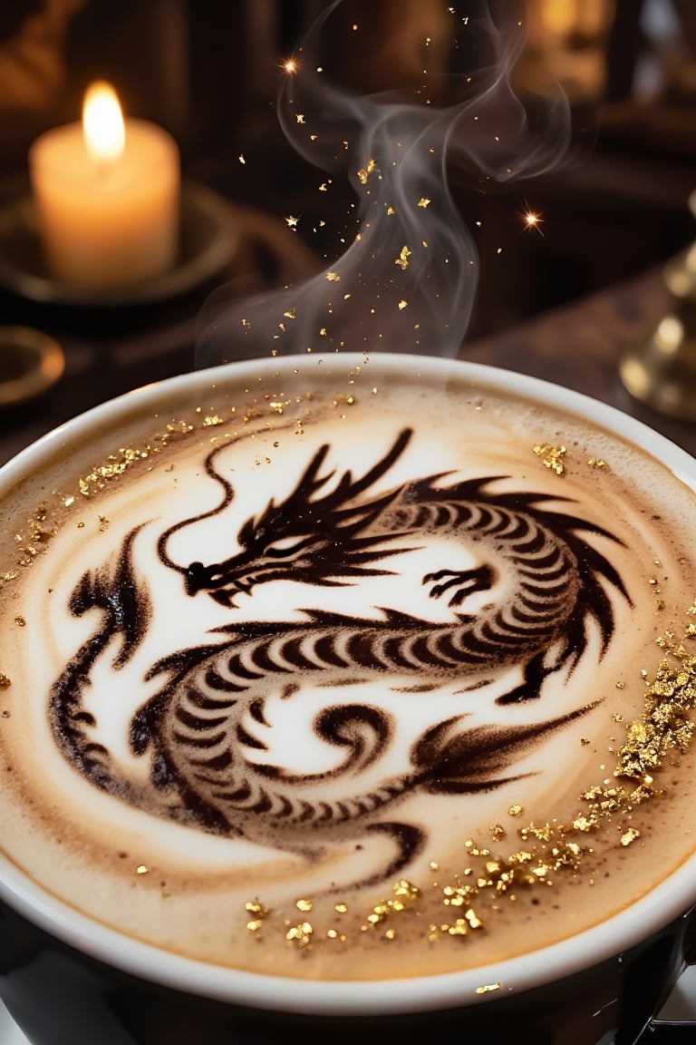 Close-up macro photography of a ceramic cup of latte,  intricate latte art microfoam shaped like a sleeping dragon,  tiny...