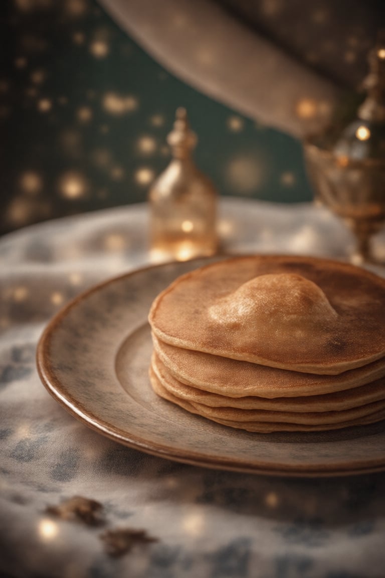 A stack of thin golden pancakes on an elegant plate is the main character of the frame. Perfectly smooth,  with an appetiz...