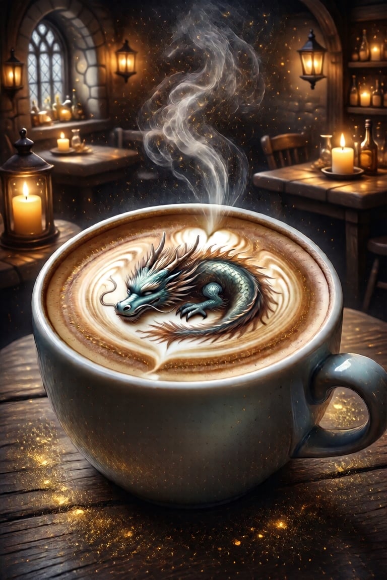 Close-up macro photography of a ceramic cup of latte,  intricate latte art microfoam shaped like a sleeping dragon,  tiny...