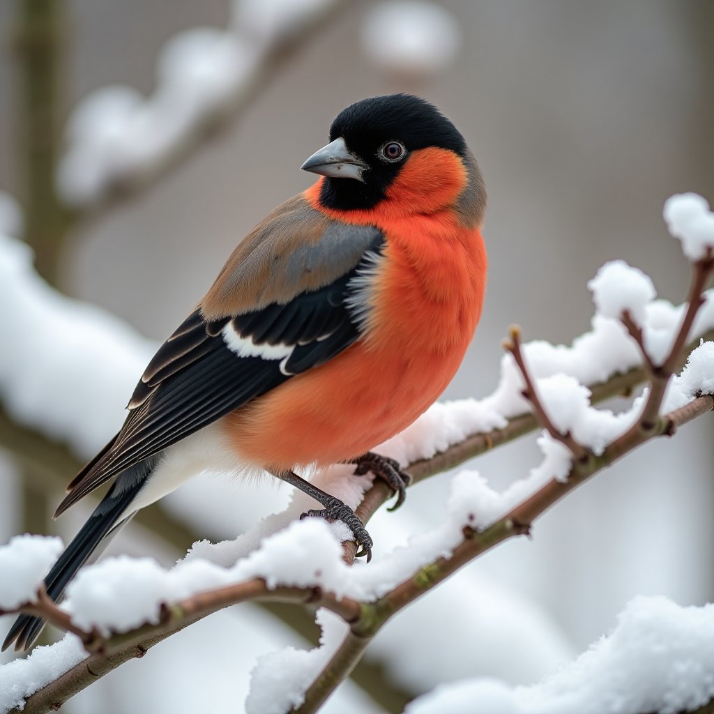 A bullfinch sits on a snow-covered branch,  turning to the left. Its body is bright red,  with a black head and beak. The...
