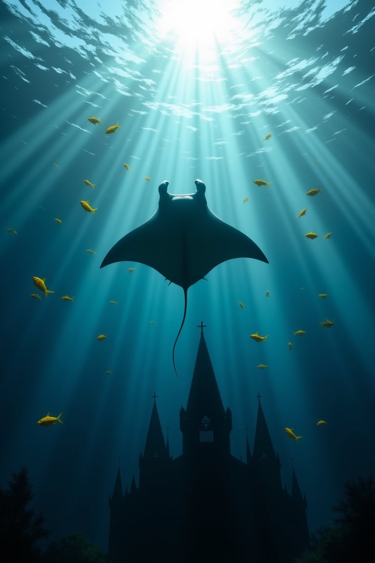A single manta ray slowly floats in the rays of the sun breaking through the water surface. His wings move in a smooth,  a...