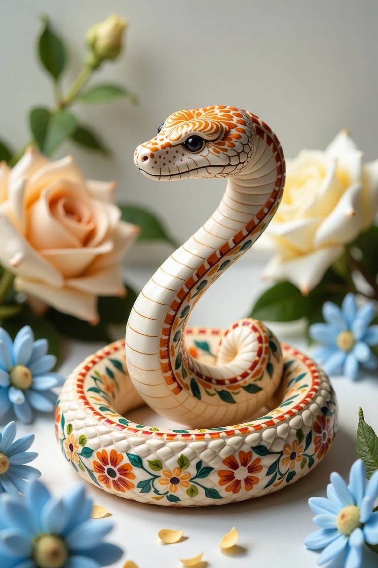 In the center of the photo is a close-up of a bright figure made in the technique of Gzhel painting. This figurine represe...