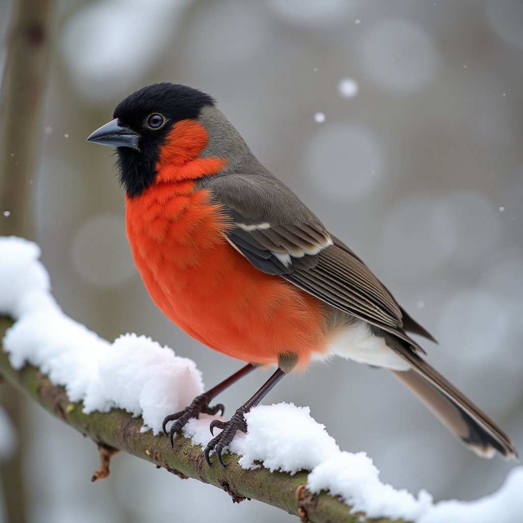 A bird is perched on a branch covered in snow. The bird is facing towards the left side of the frame. The body of the bird...