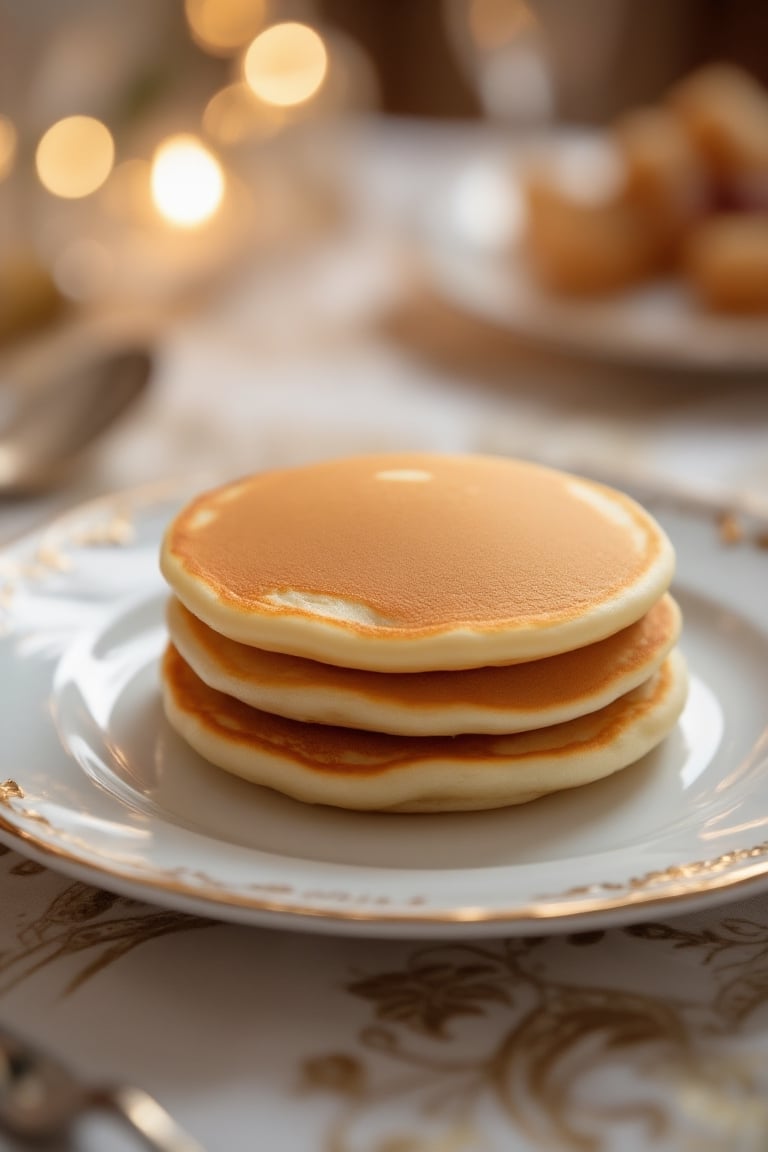 A stack of thin golden pancakes on an elegant plate is the main character of the frame. Perfectly smooth,  with an appetiz...