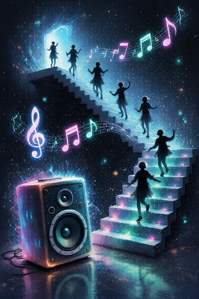 The surreal illustration shows a fantasy world unfolding,  where sound takes on a visible form,  and movement turns into a...